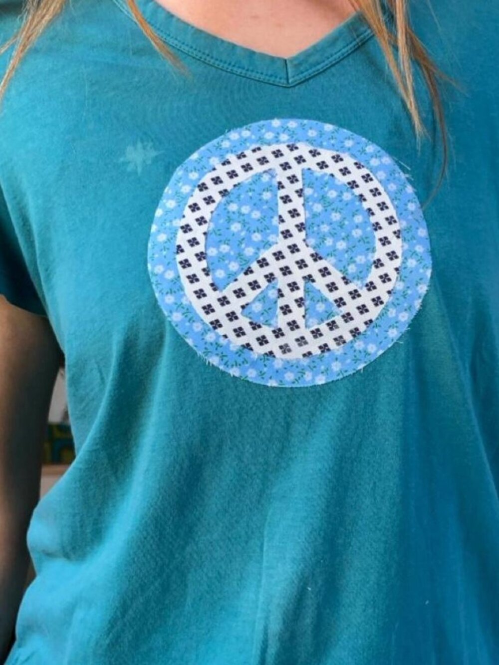 Blue Peace Sign T-Shirt | Patchwork Hippie Tee | Upcycled